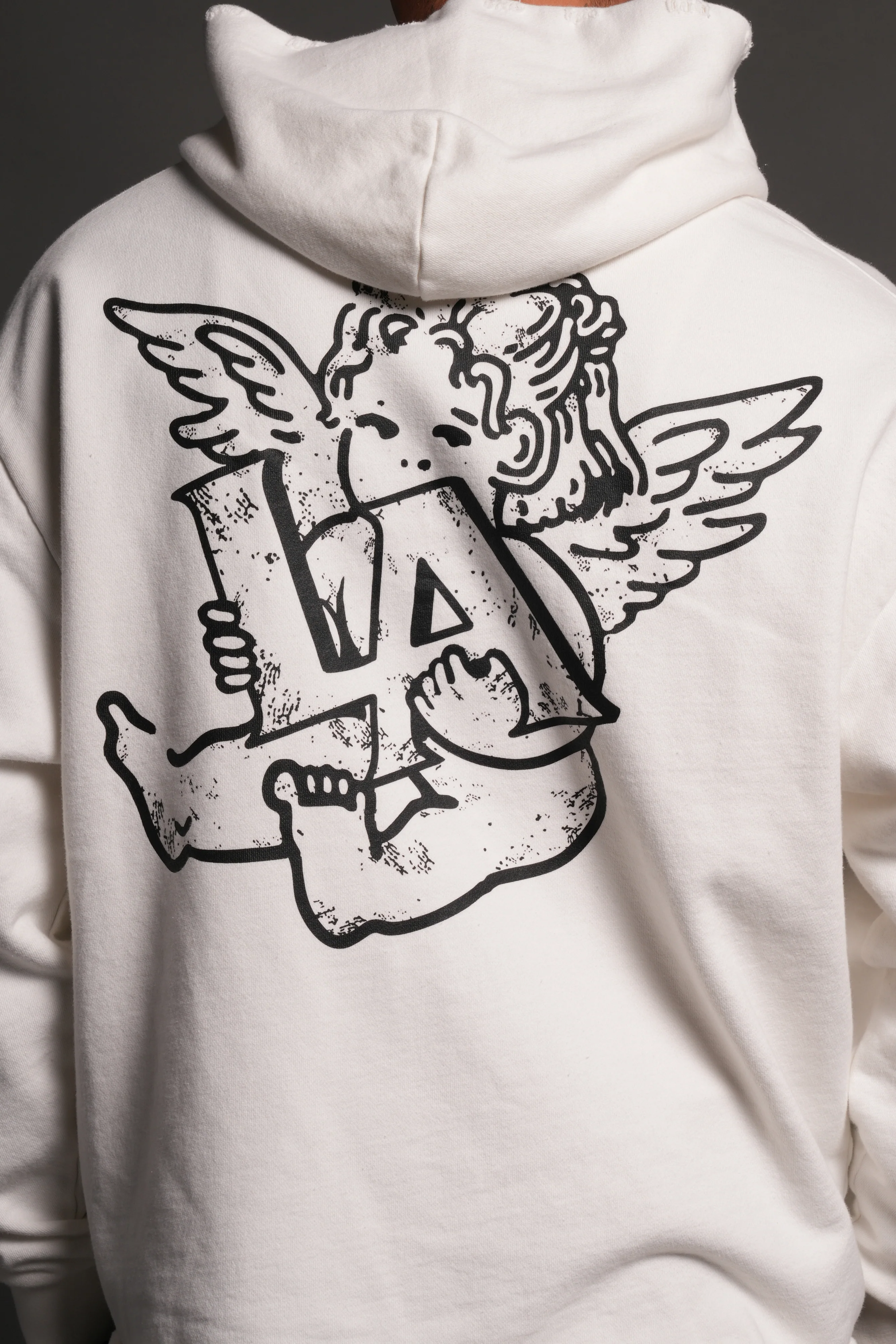 Los Cherub Distressed Grunge Mid Length Raw Hem Zip Hoodie in Cream - Image 8