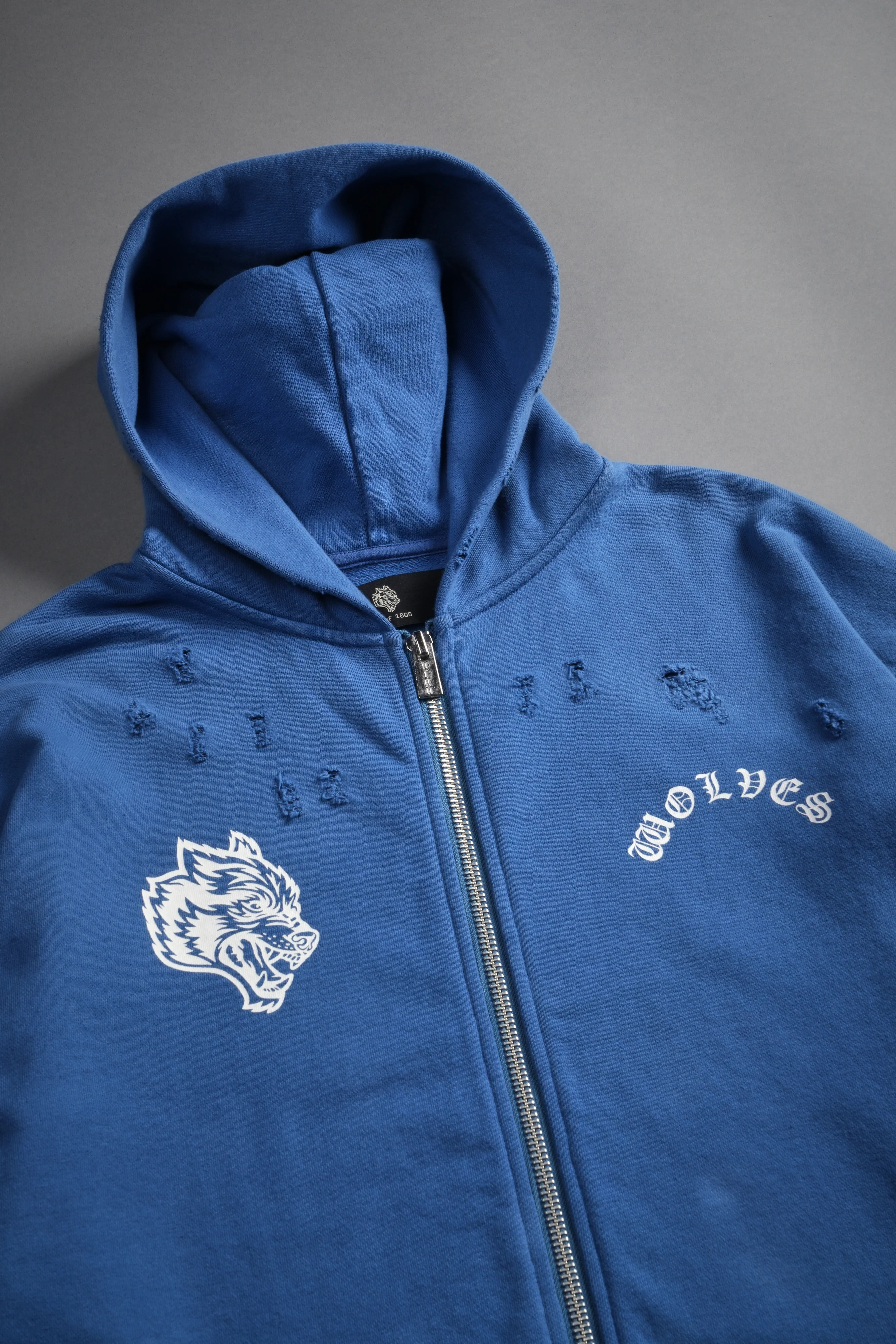 Los Cherub Distressed Grunge Mid Length Raw Hem Zip Hoodie in La Blue - Image 16