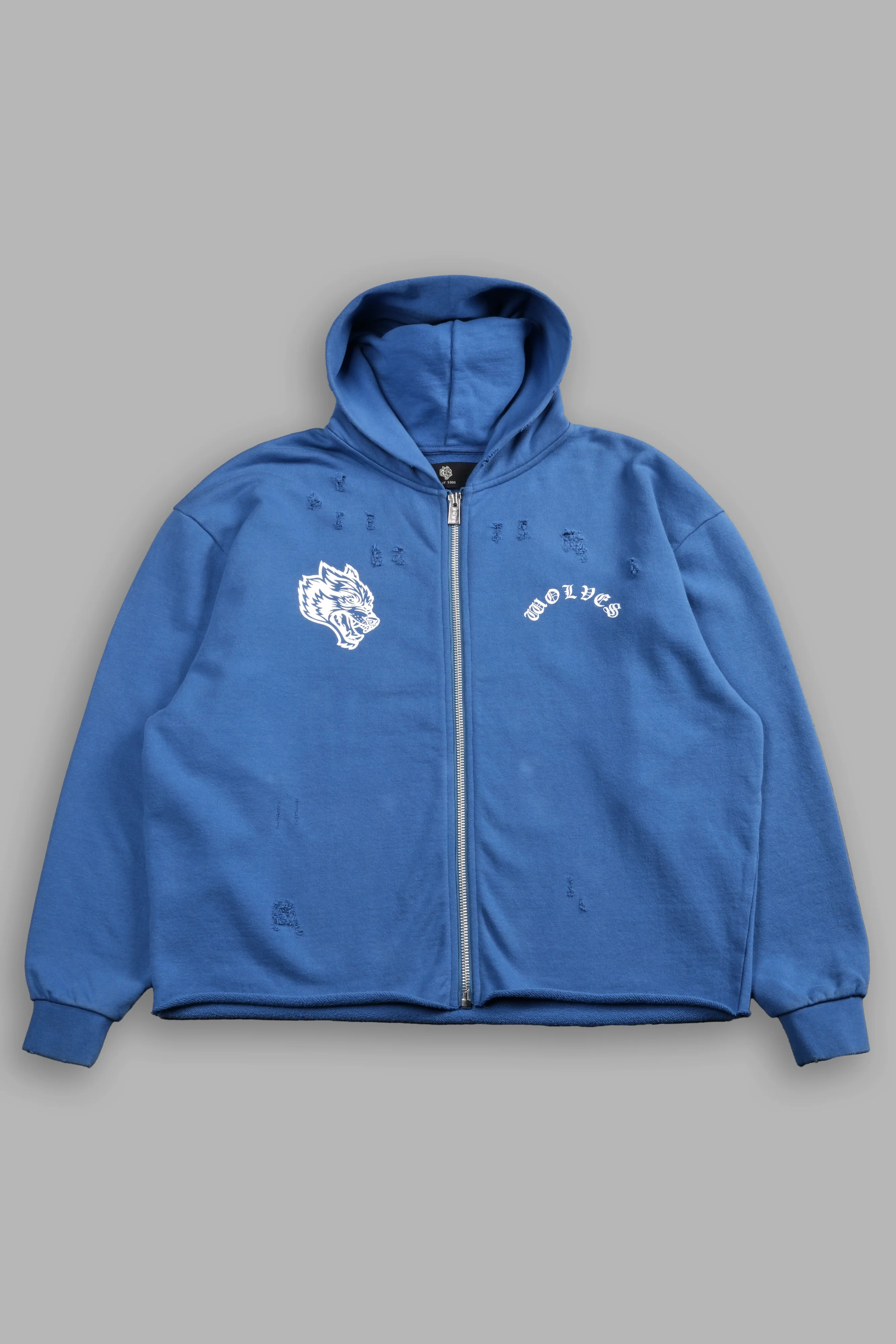 Los Cherub Distressed Grunge Mid Length Raw Hem Zip Hoodie in La Blue - Image 3