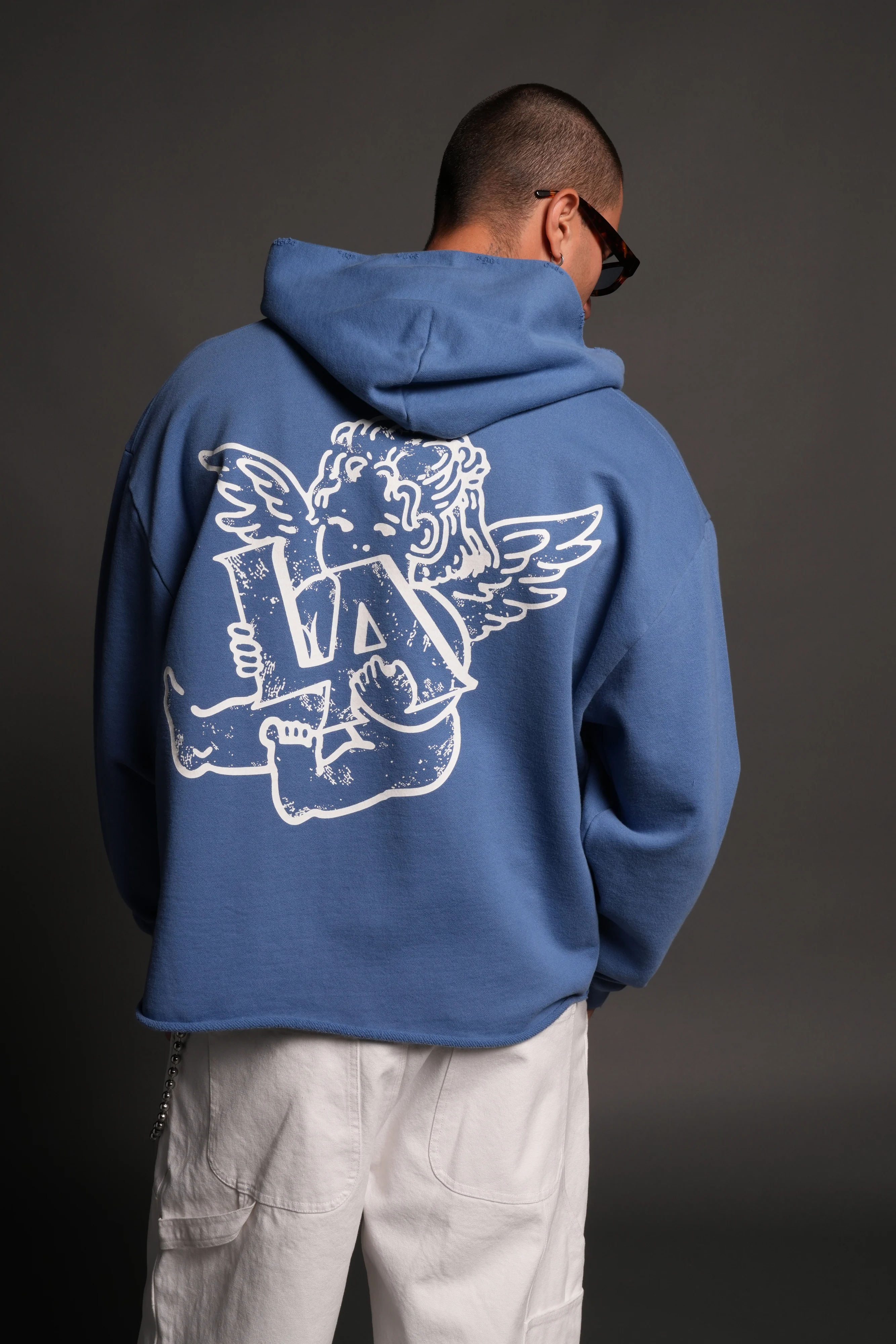 Los Cherub Distressed Grunge Mid Length Raw Hem Zip Hoodie in La Blue - Image 4