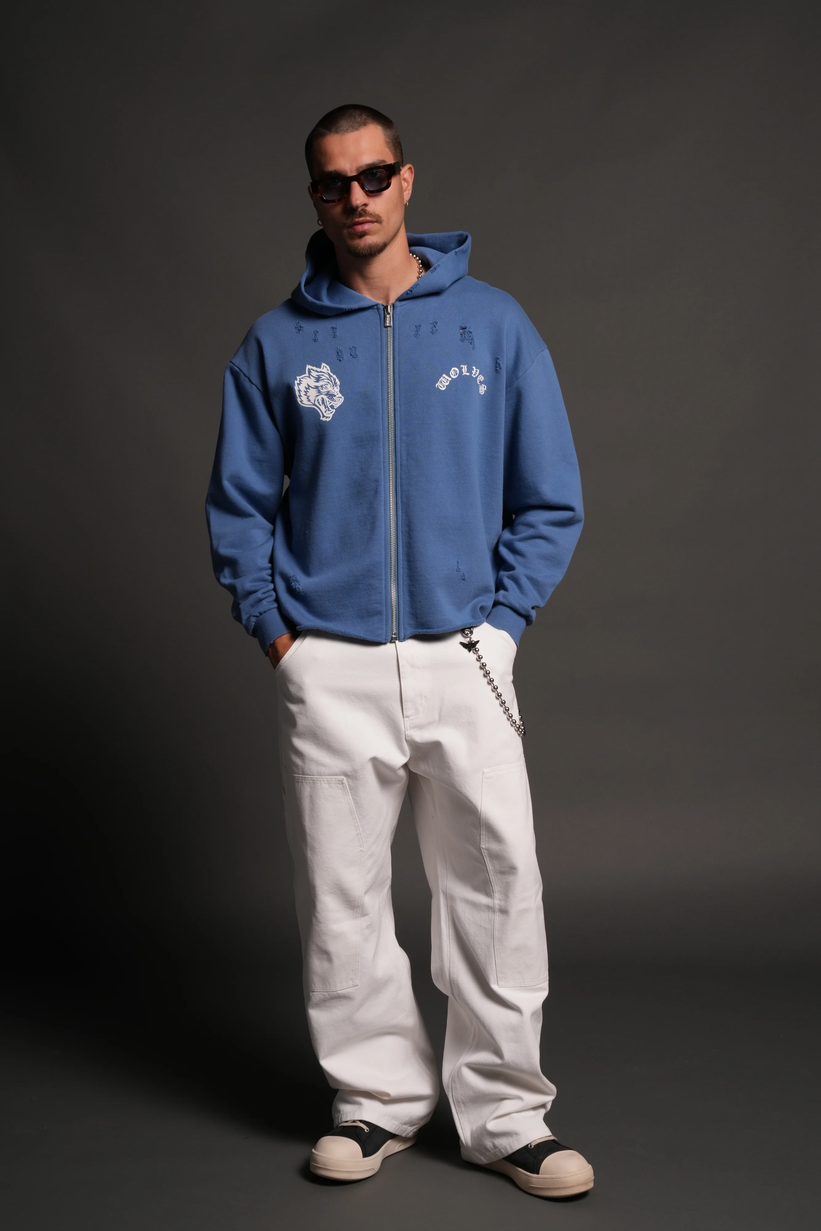 Los Cherub Distressed Grunge Mid Length Raw Hem Zip Hoodie in La Blue - Image 5