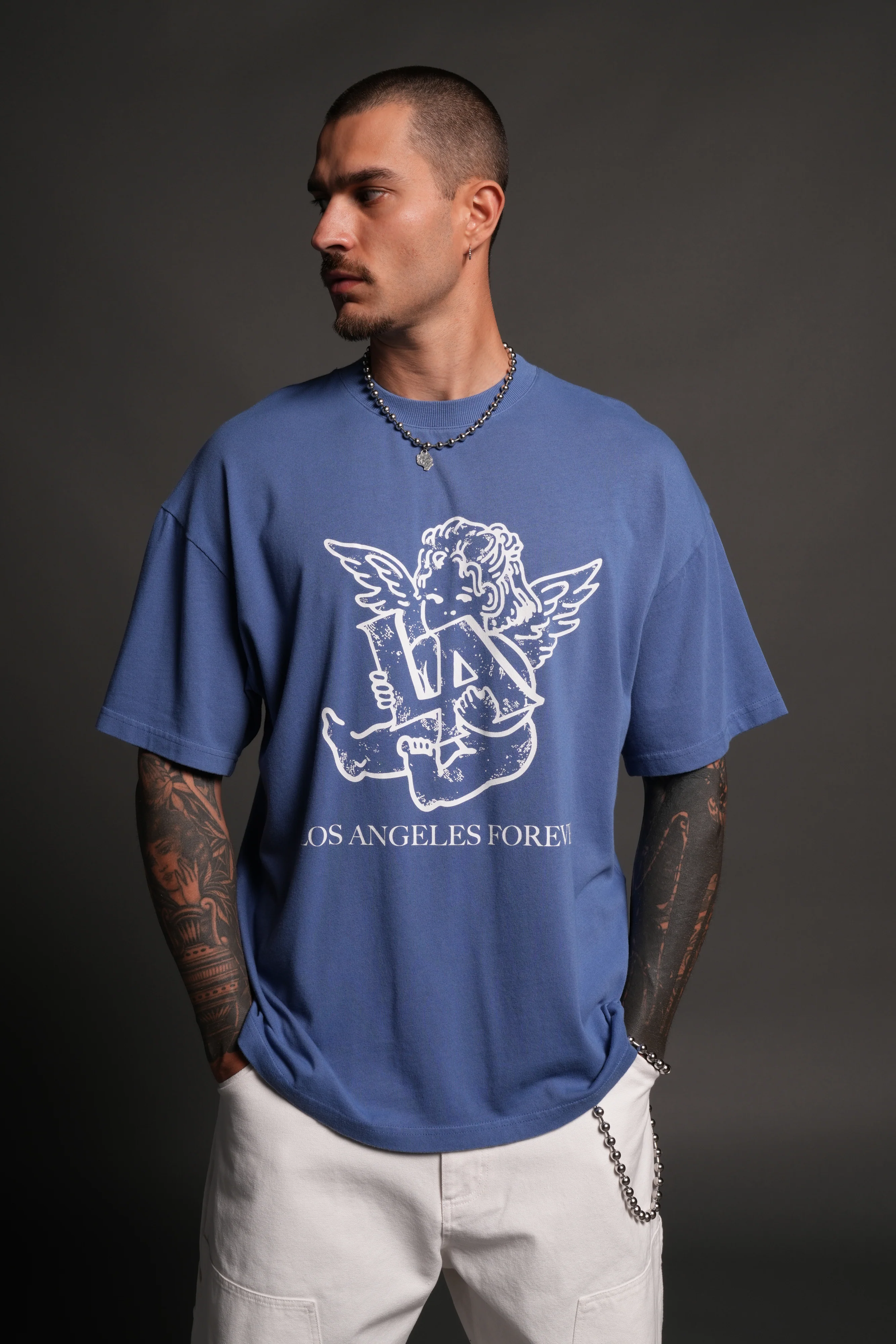 Los Cherub Premium Oversized Tee in La Blue - Image 4