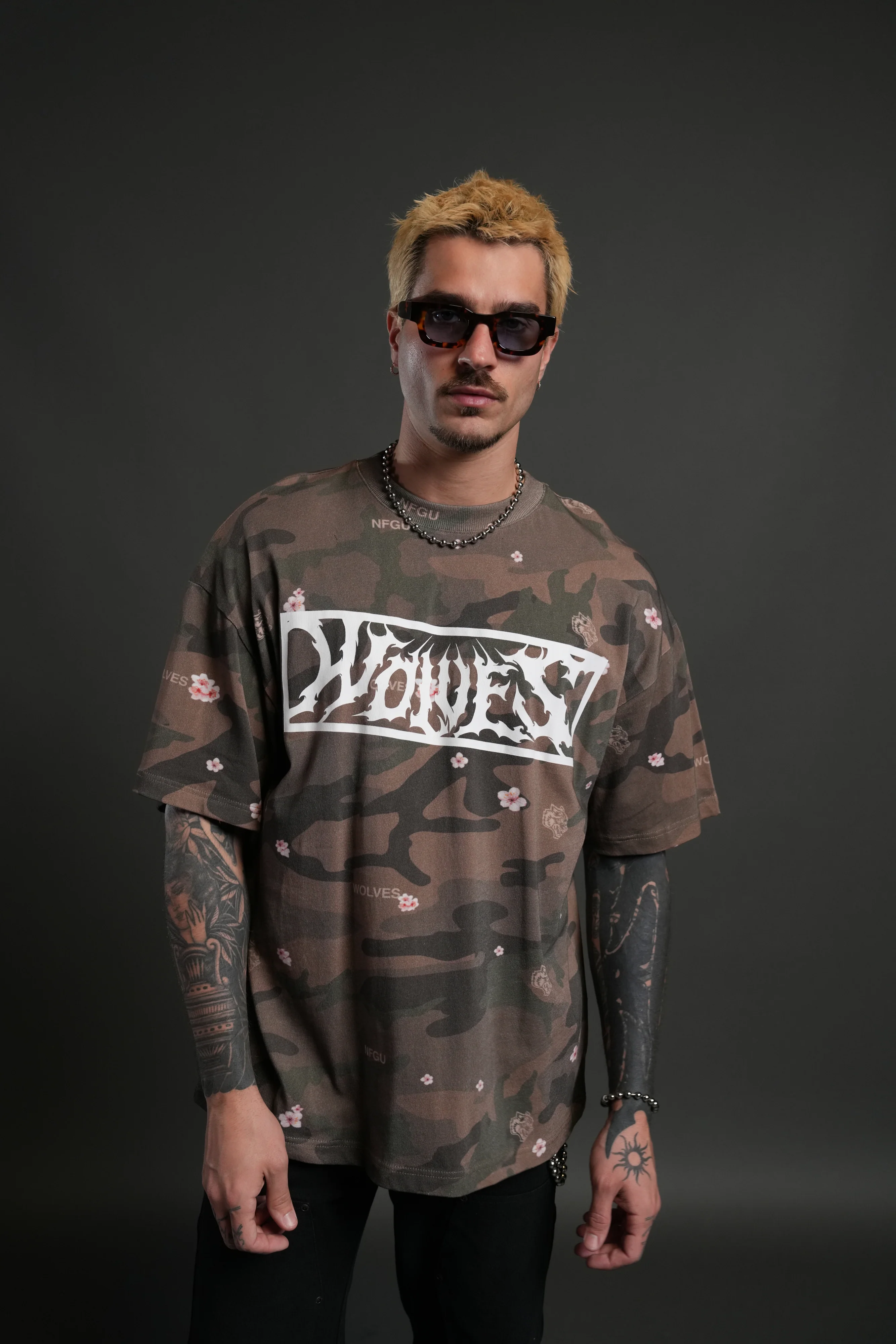 Midnight Wolves Unisex "Premium" Oversized Tee in Vintage Blossom Woodland Camo - Image 2