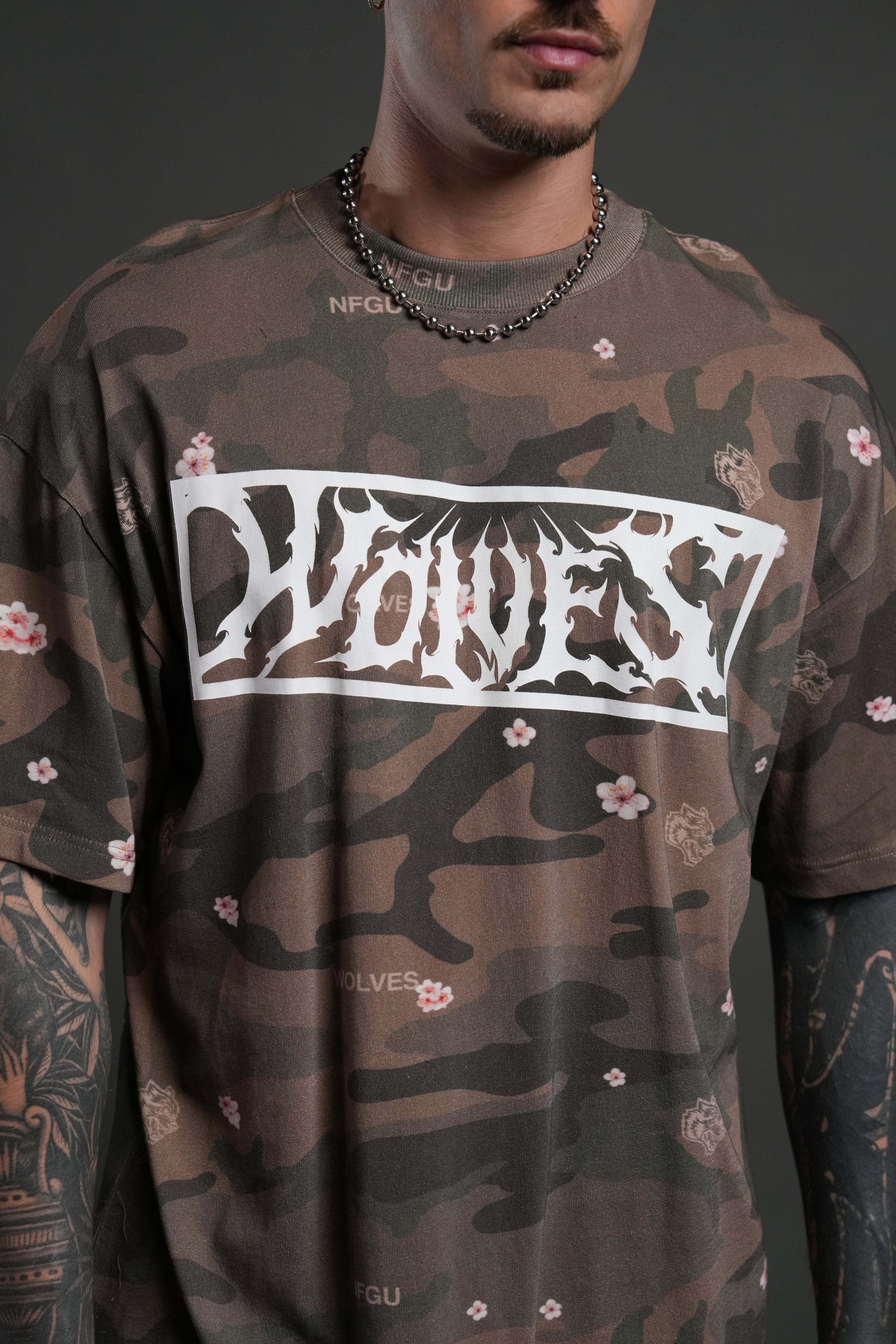 Midnight Wolves Unisex "Premium" Oversized Tee in Vintage Blossom Woodland Camo - Image 3