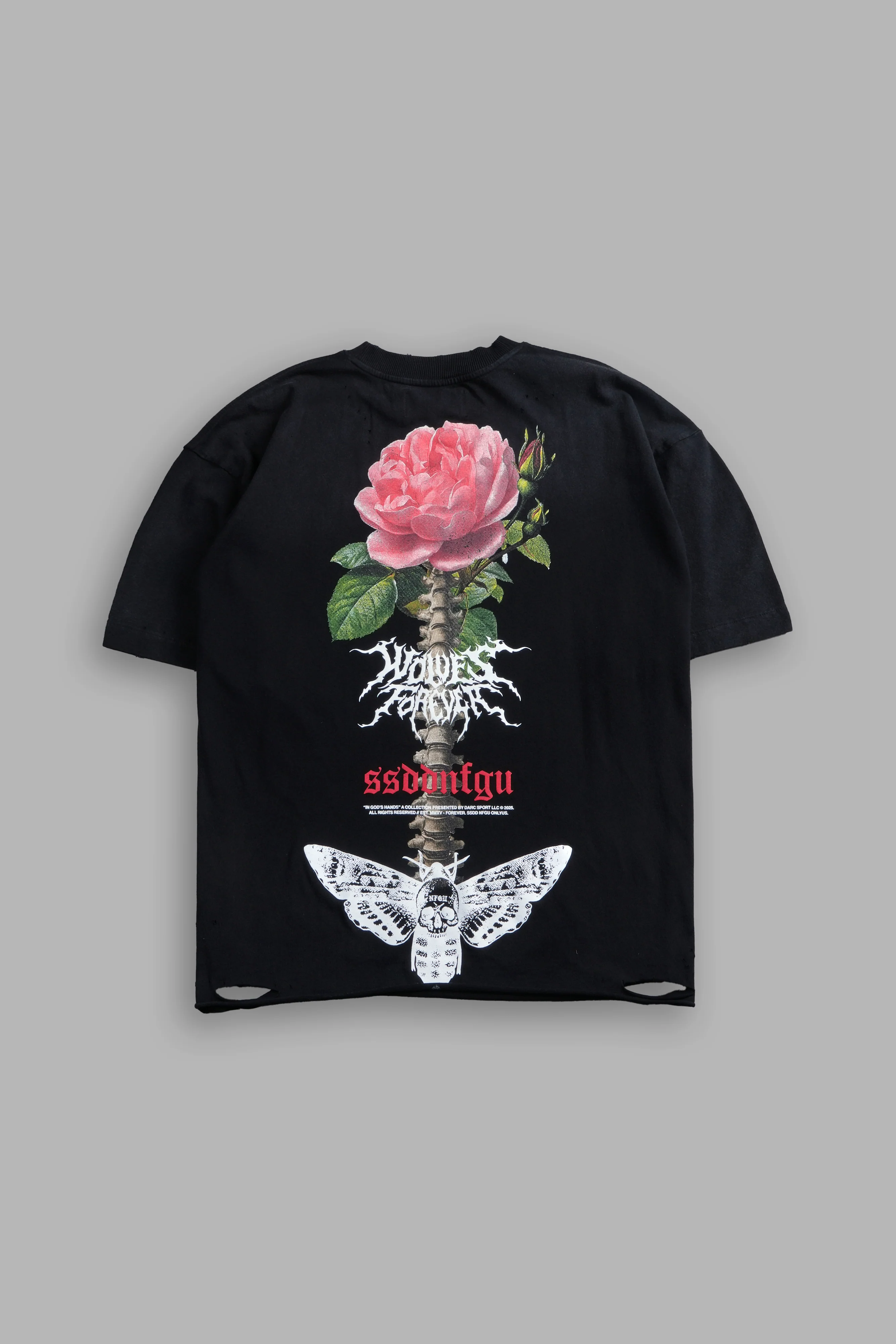 Mori Rose Distressed Grunge Tee in Black Drift Wash