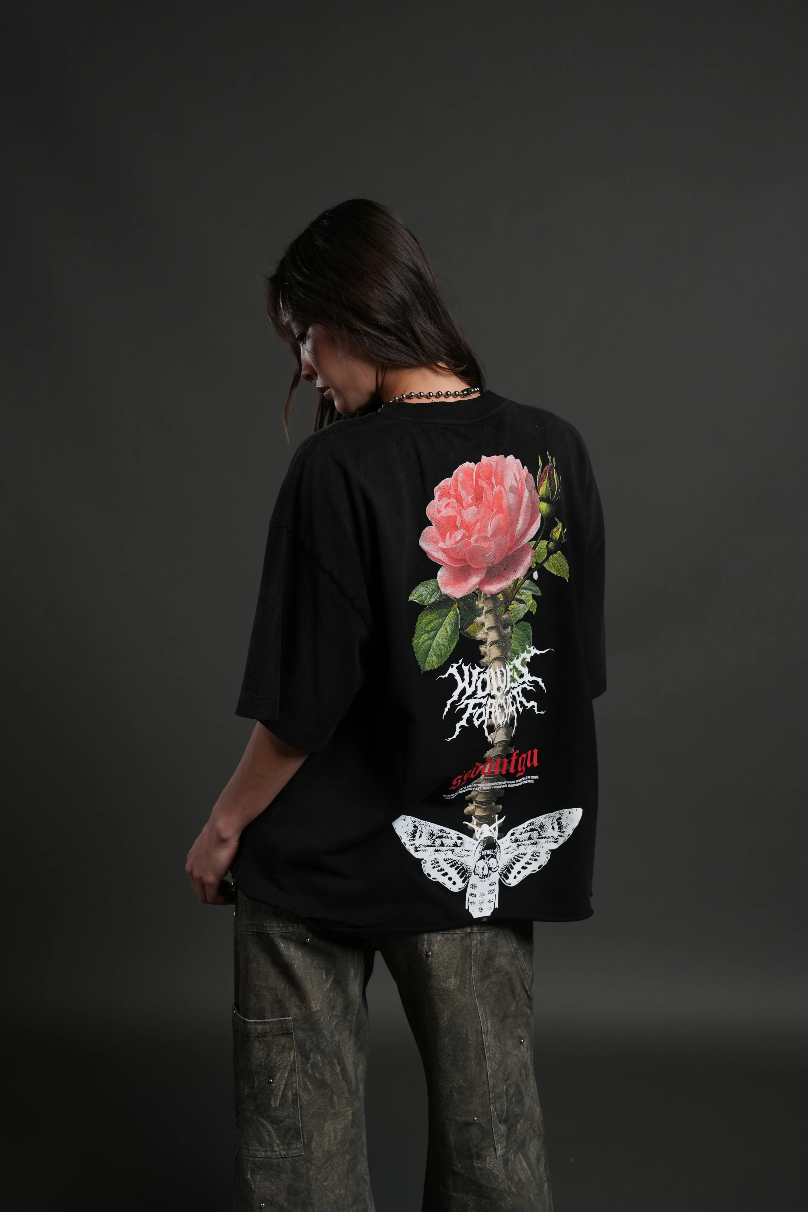 Mori Rose Distressed Grunge Tee in Black Drift Wash - Image 10