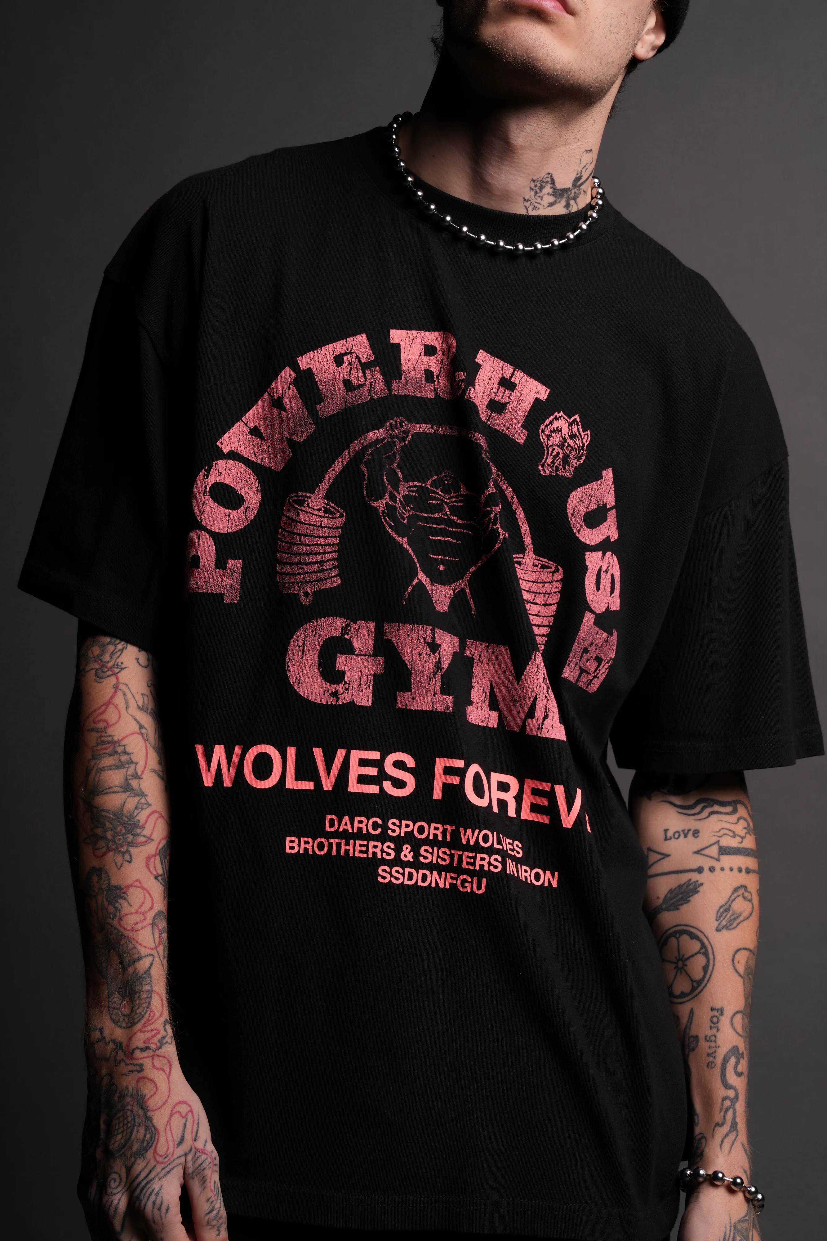 Powerhouse Of The Wolves V2"Premium" Oversized Tee in Black/Neon Pink - Image 6
