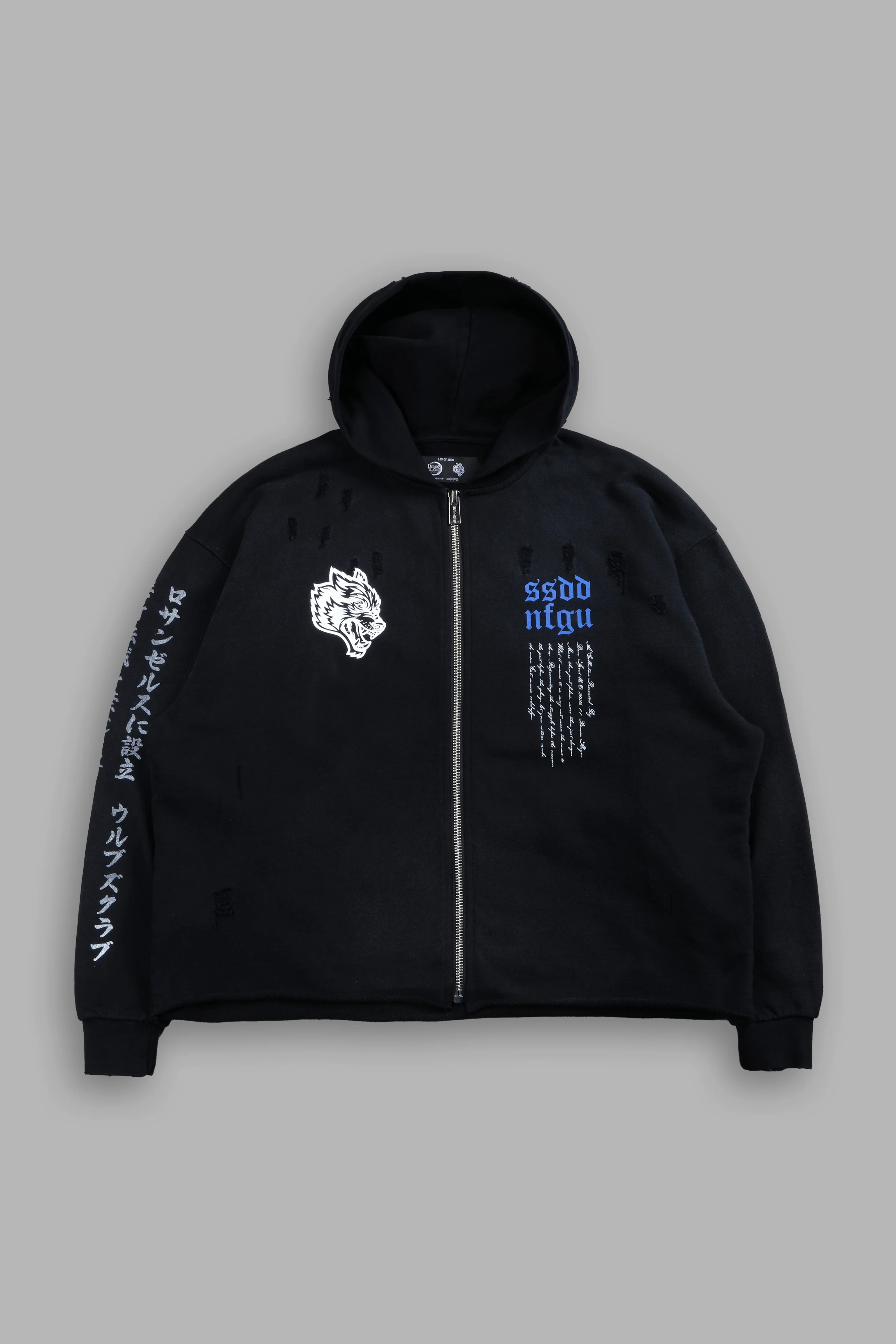 Relentless Distressed Grunge Mid Length Raw Hem Zip Hoodie in Black Sun Fade - Image 3