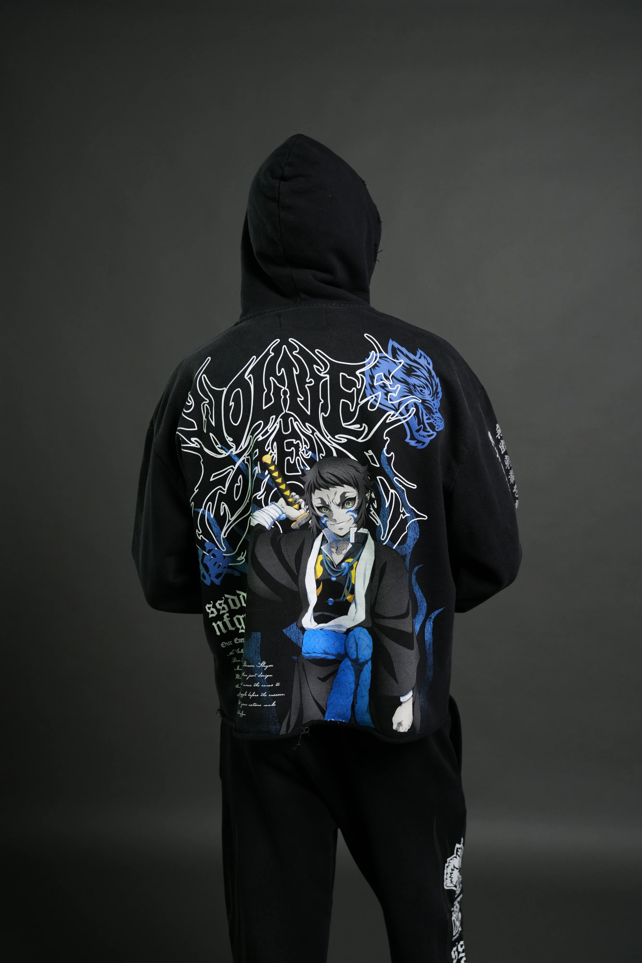 Relentless Distressed Grunge Mid Length Raw Hem Zip Hoodie in Black Sun Fade - Image 4