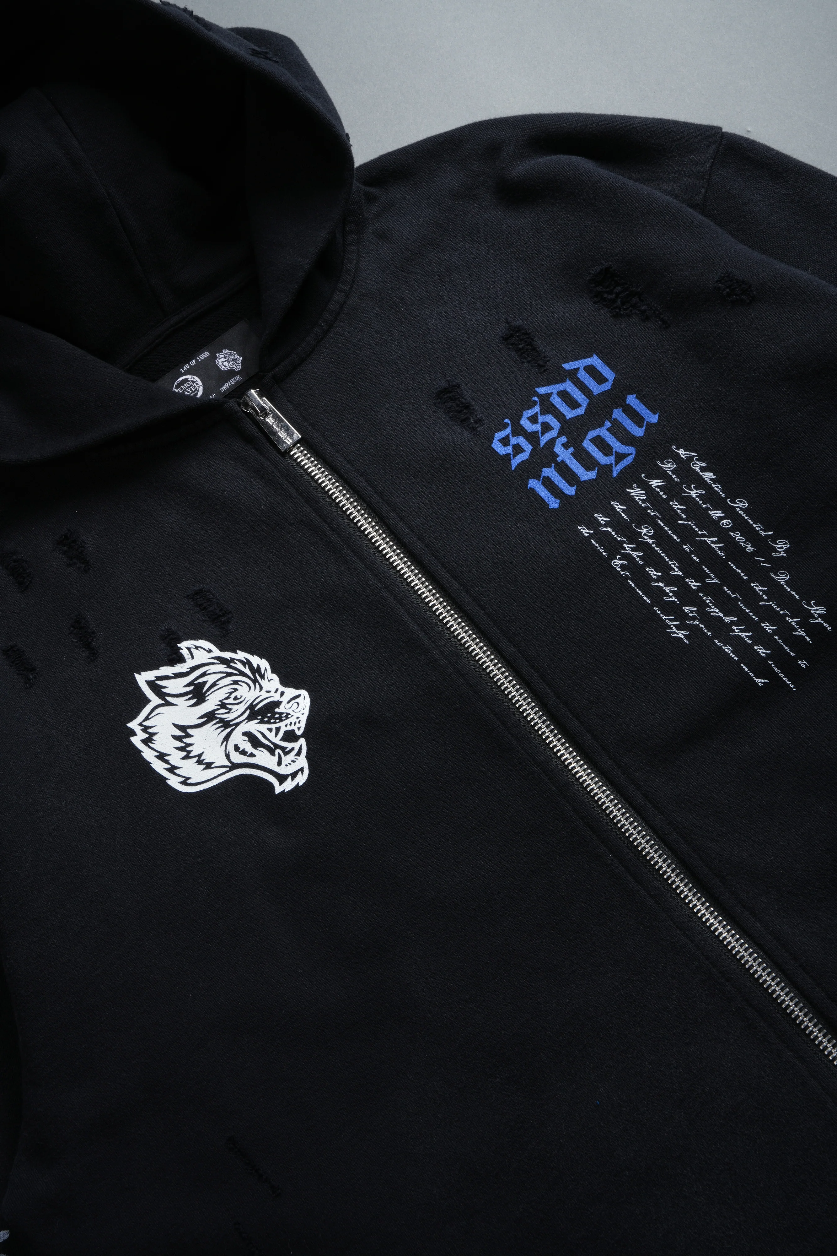 Relentless Distressed Grunge Mid Length Raw Hem Zip Hoodie in Black Sun Fade - Image 9