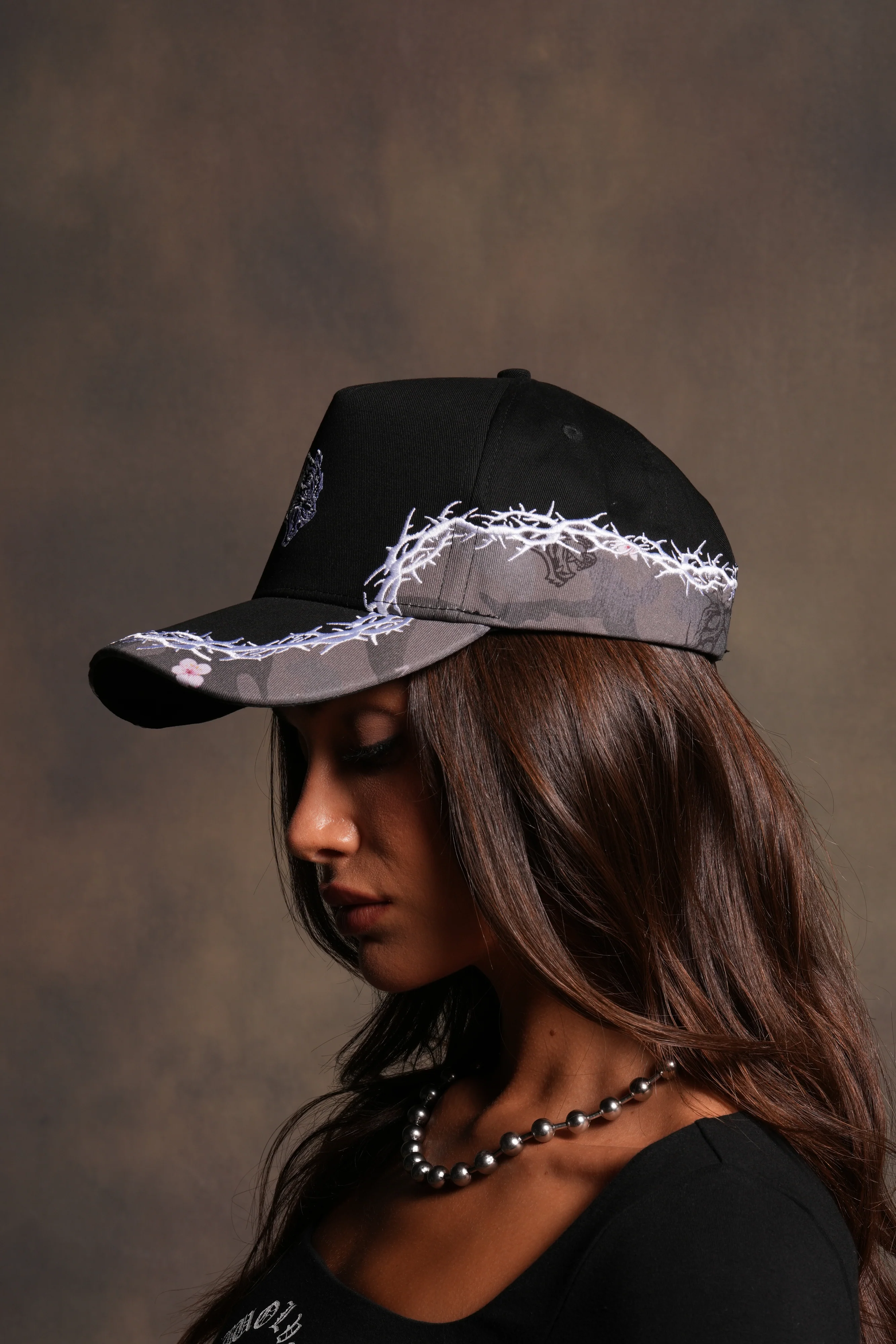 Scorched Thorns 5 Panel Hat in Black/Blossom Woodland Camo - Image 4