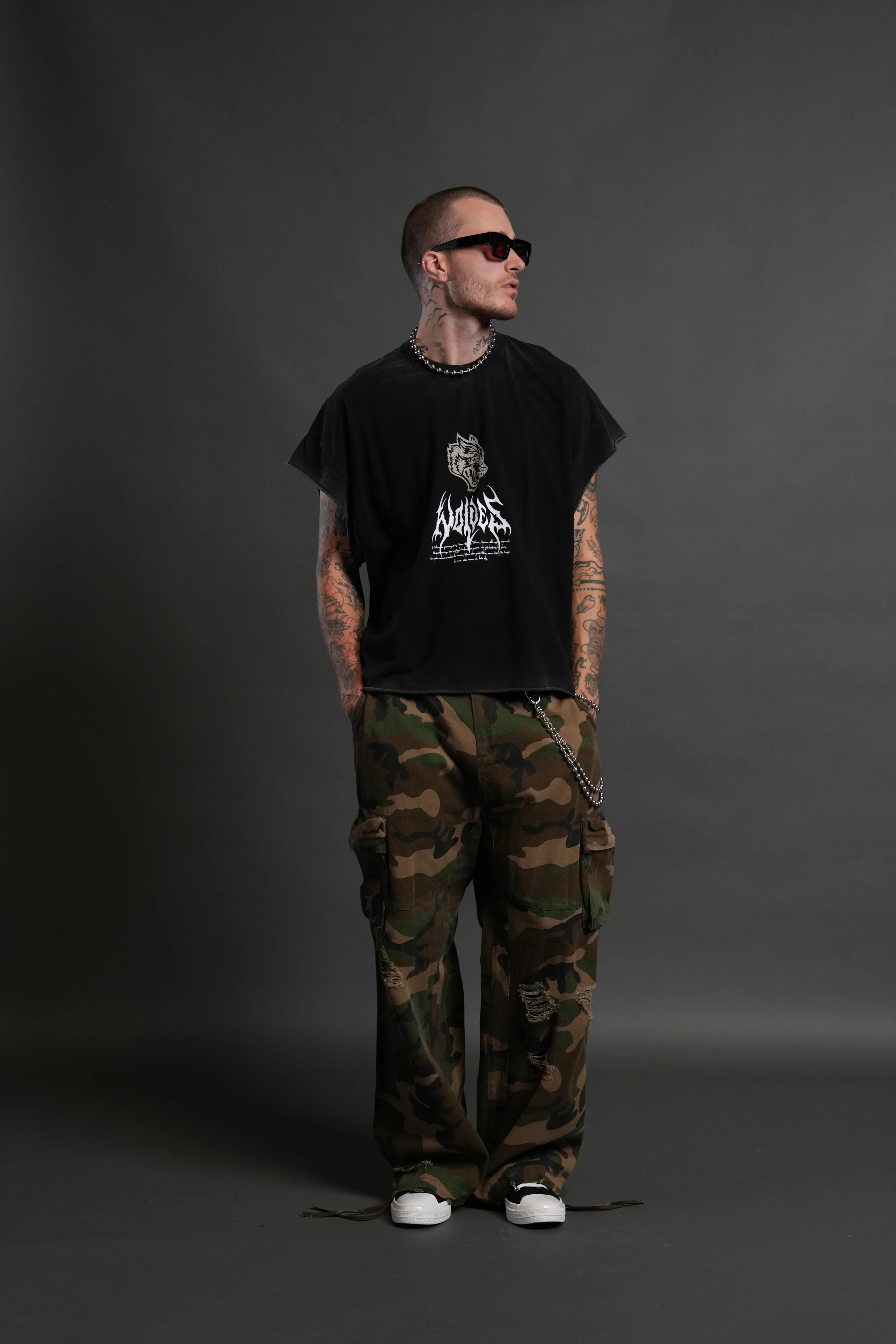 Shadow Shaman Grunge Cut-Off Tee in Black - Image 5