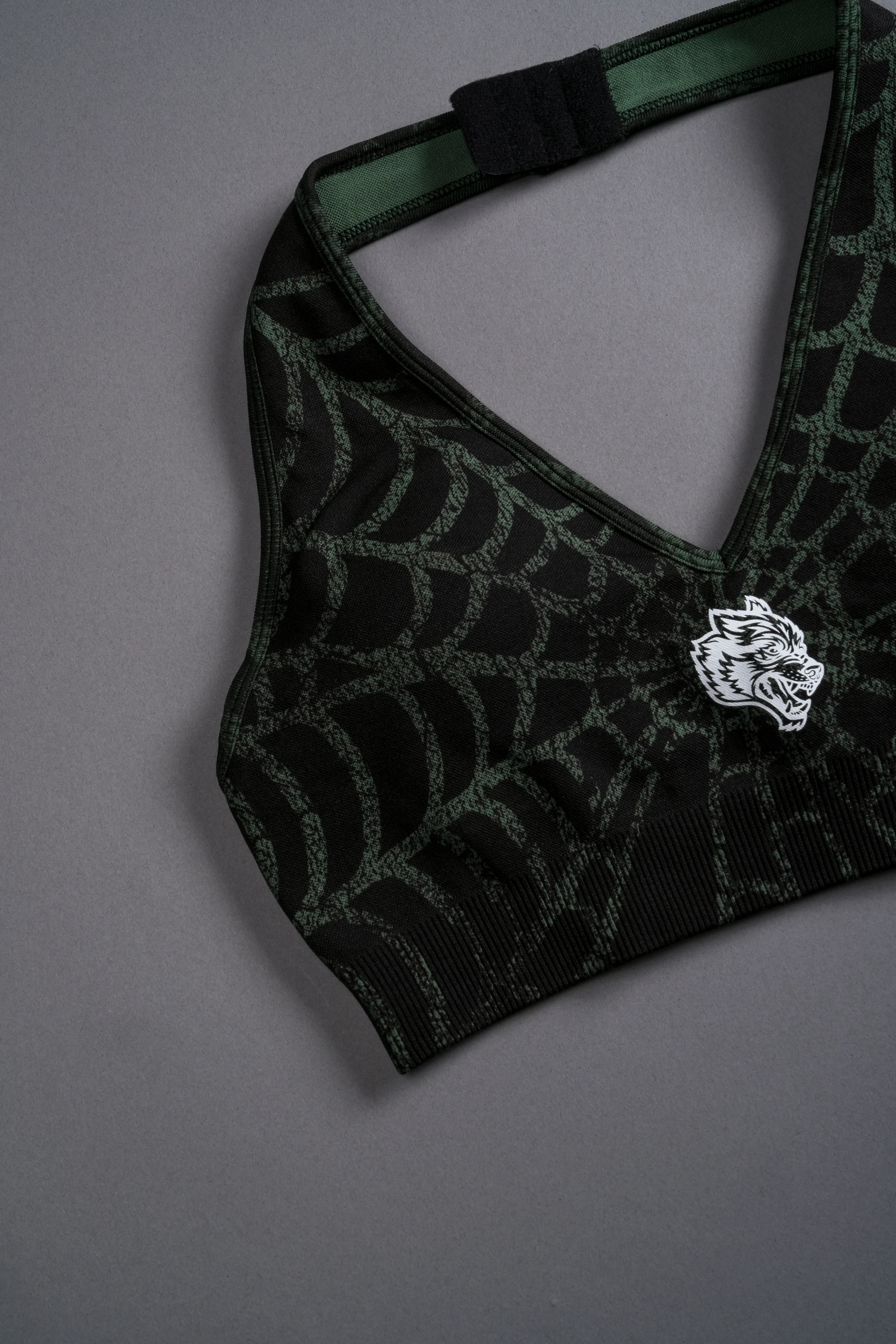 Single Wolf "Everson Seamless" Halter Bra in Black/Green Symbiote Web - Image 8
