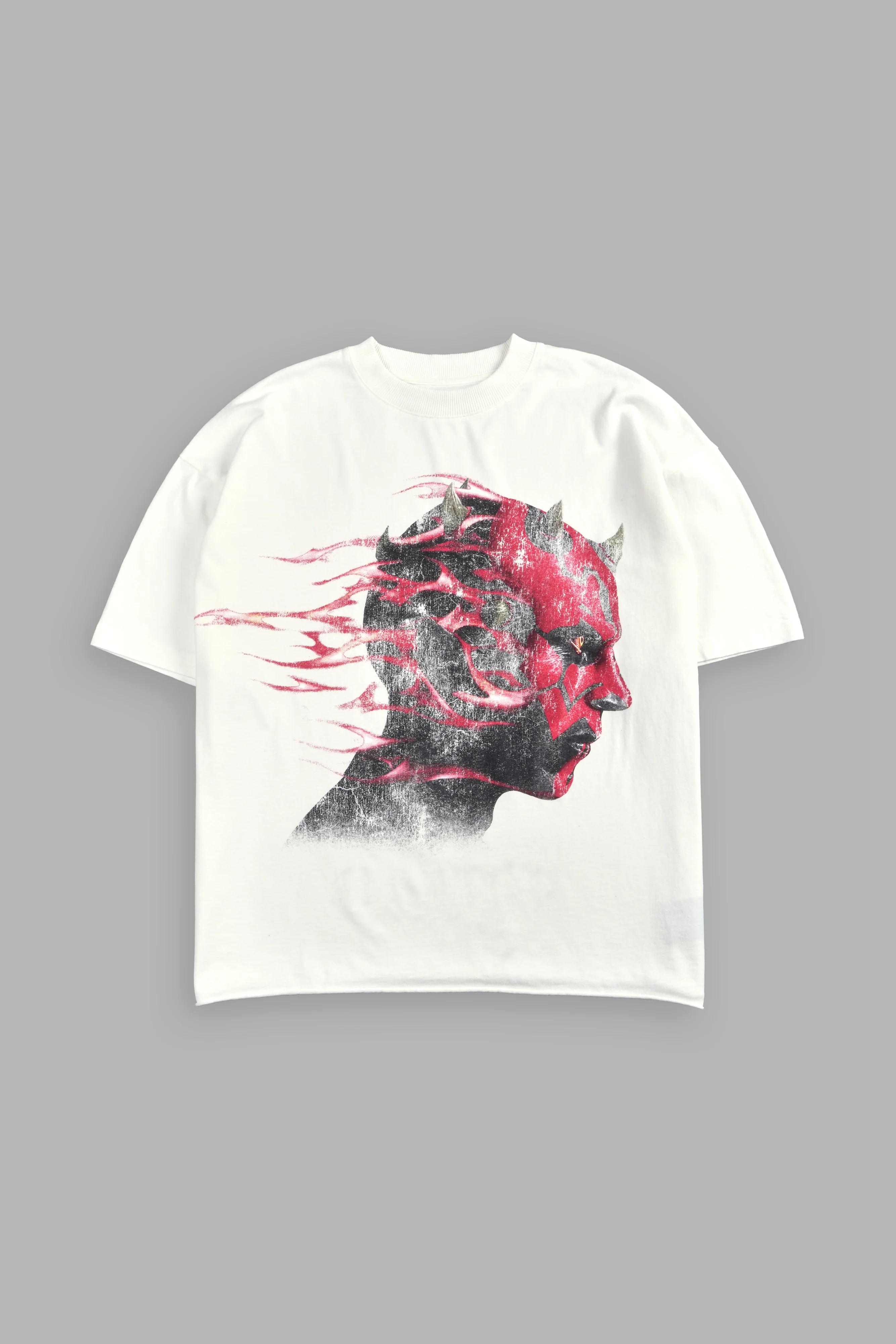 Sith Inferno Grunge Mid Length Raw Hem Tee in Cream