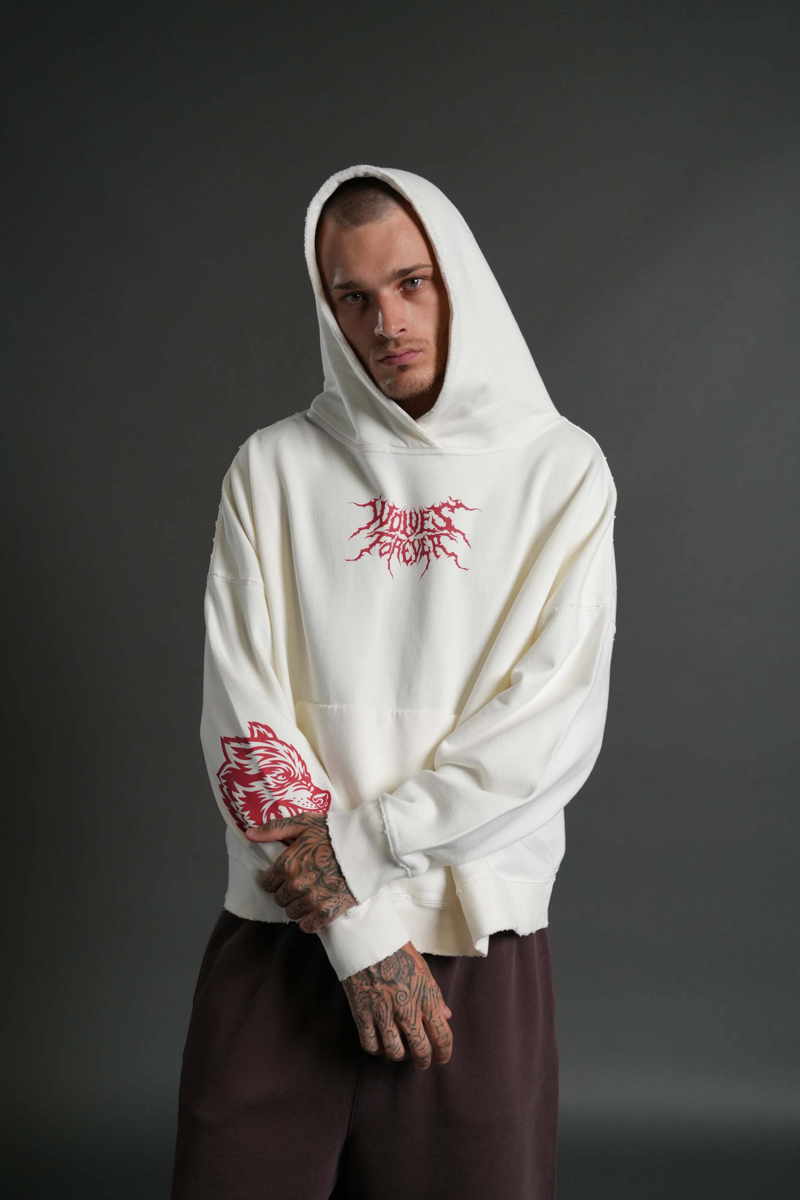 Slasher Destroyed Grunge "Gage Box Cut" Hoodie in Cream - Image 2