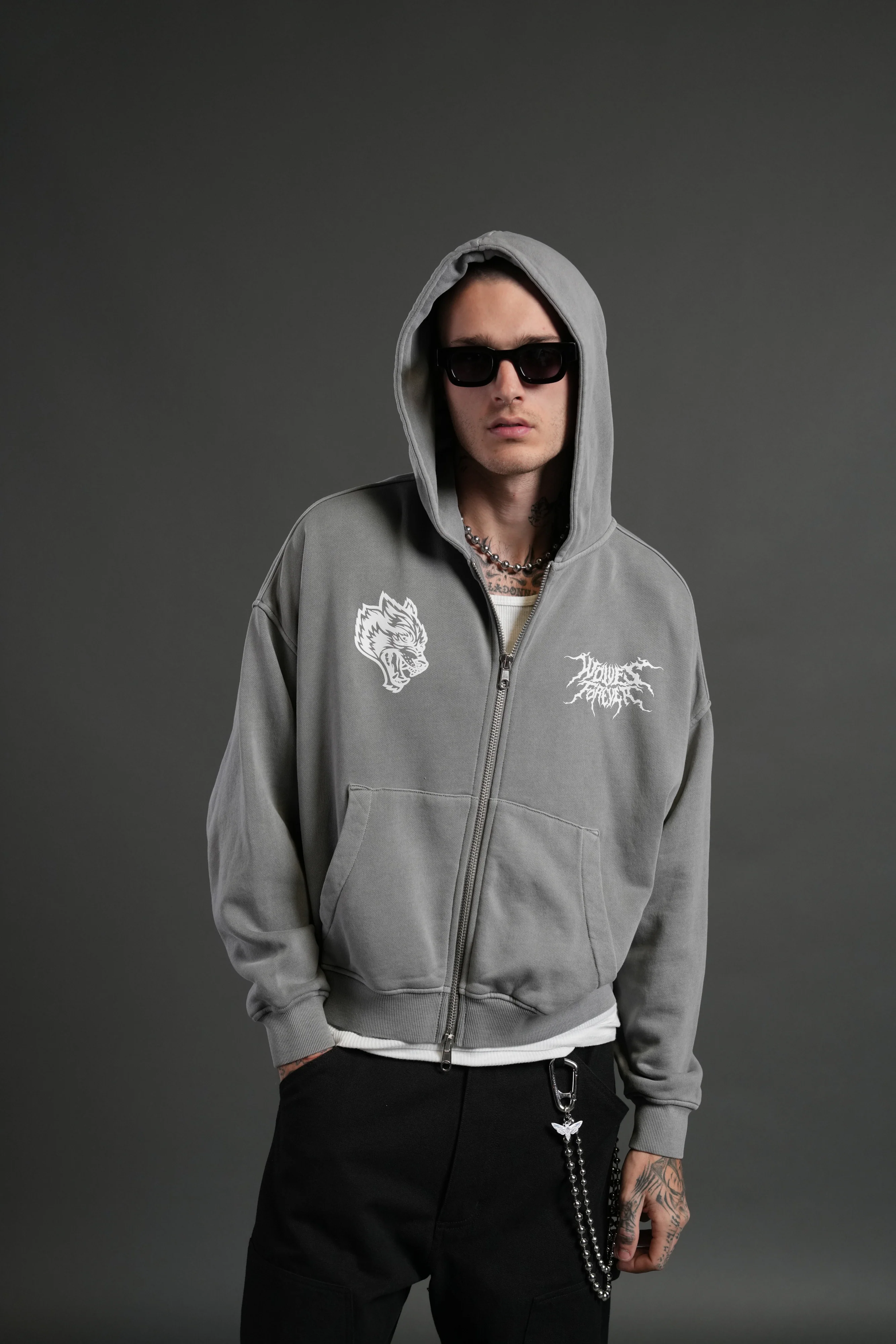 Stand-Off Vex Double Zip Hoodie in Dove Gray - Image 2