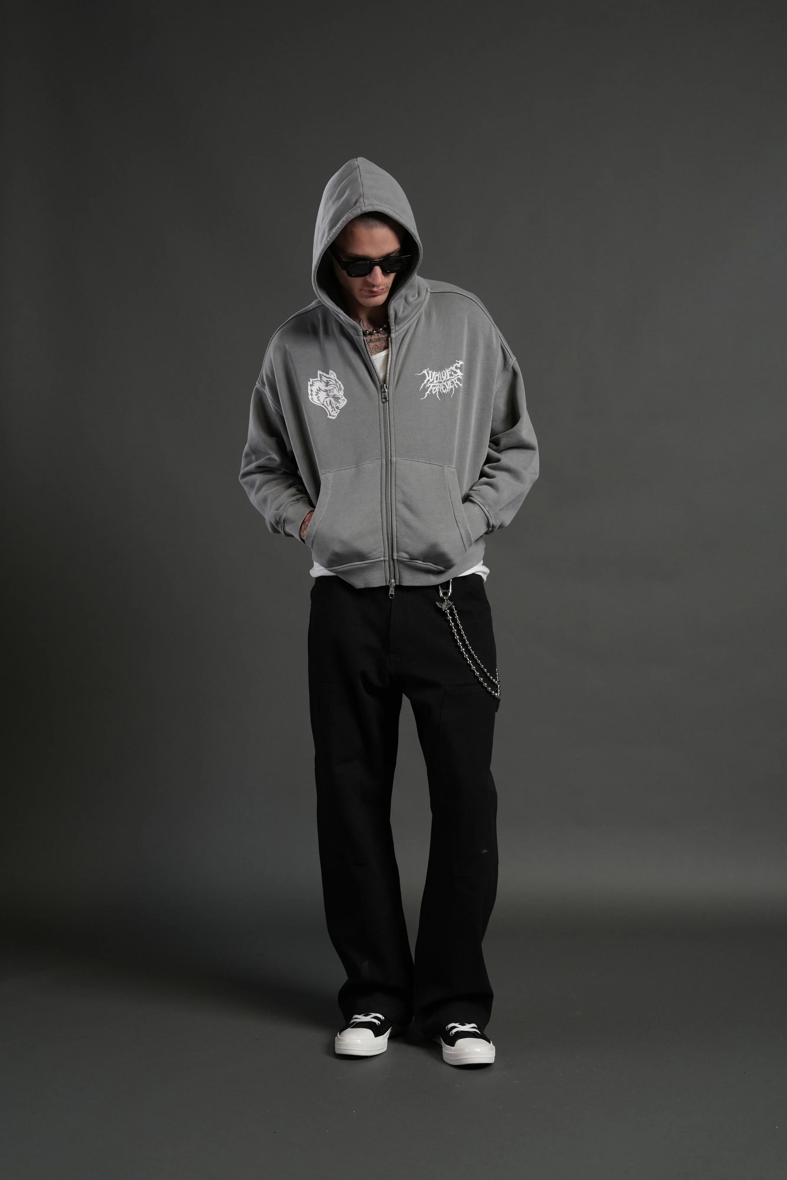 Stand-Off Vex Double Zip Hoodie in Dove Gray - Image 5