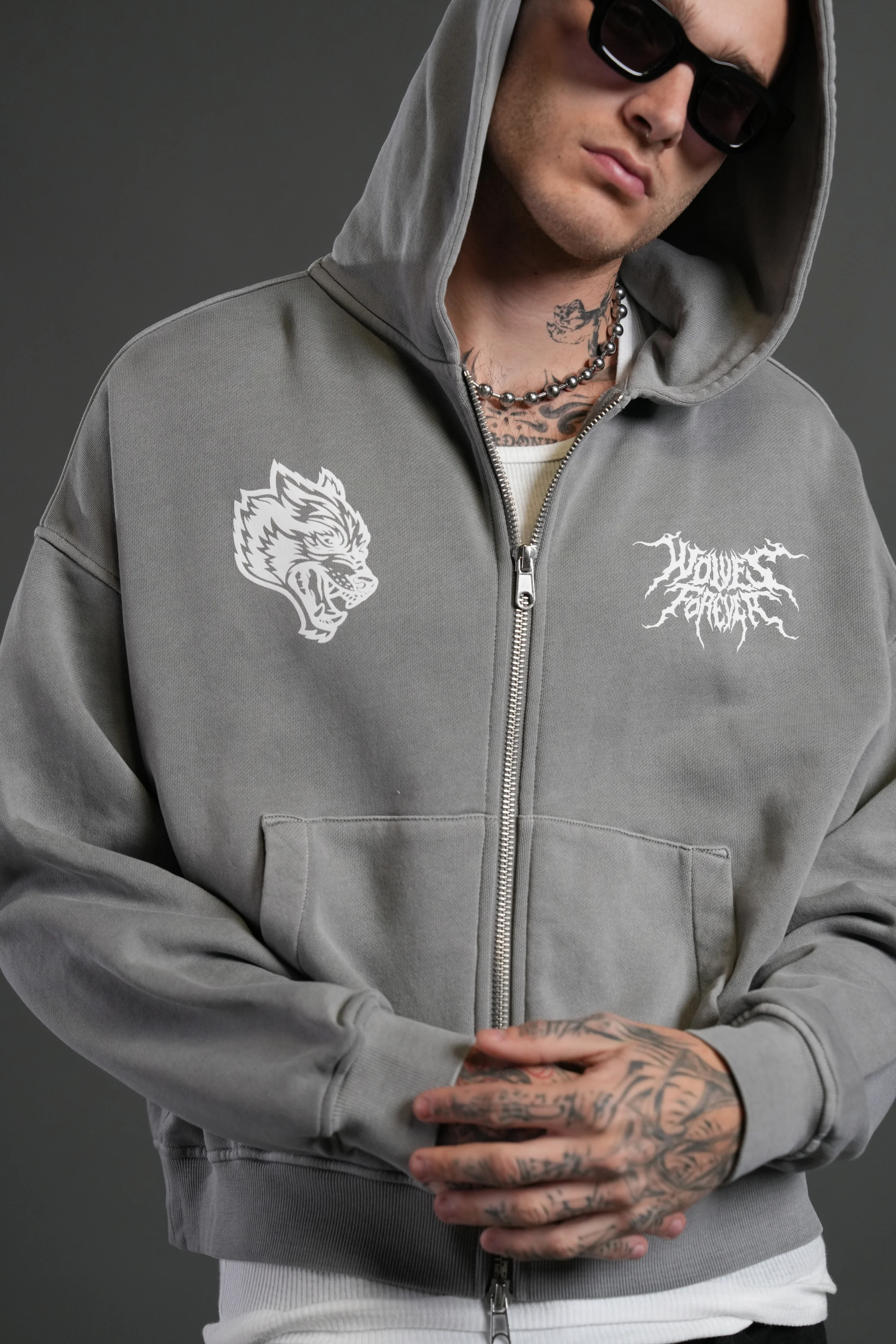 Stand-Off Vex Double Zip Hoodie in Dove Gray - Image 7