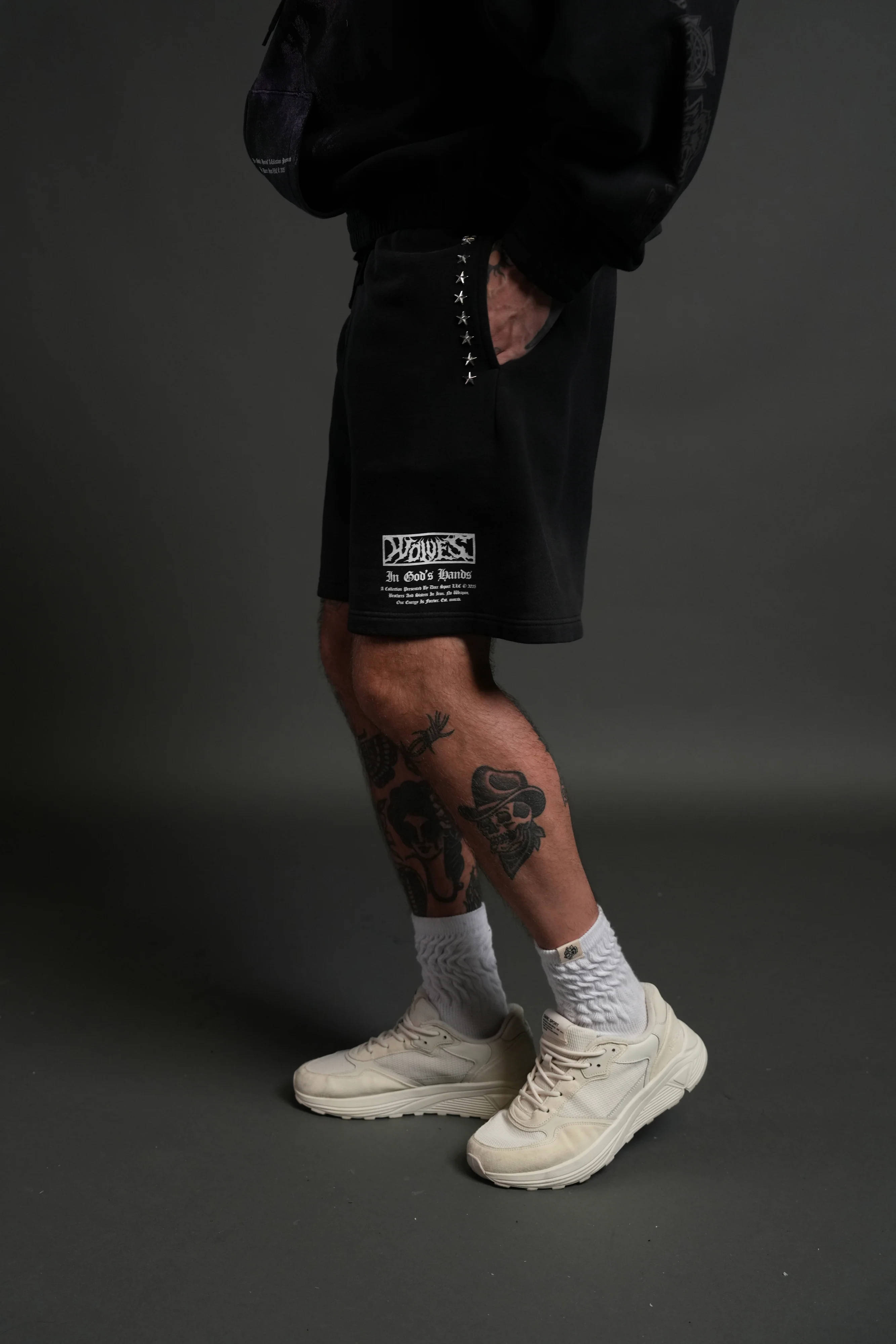 Studded Midnight Wolves Oversized Post Lounge Sweat Shorts in Black Drift Wash - Image 4