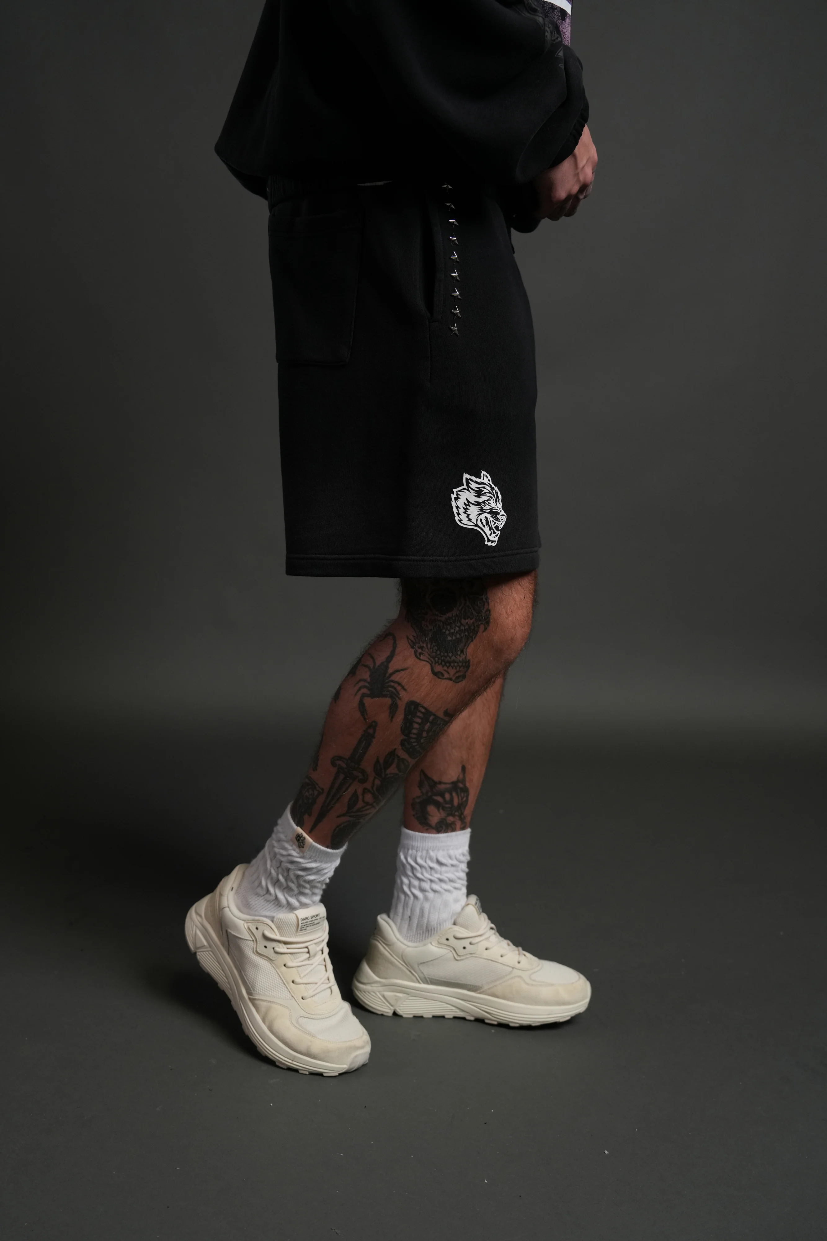 Studded Midnight Wolves Oversized Post Lounge Sweat Shorts in Black Drift Wash - Image 5