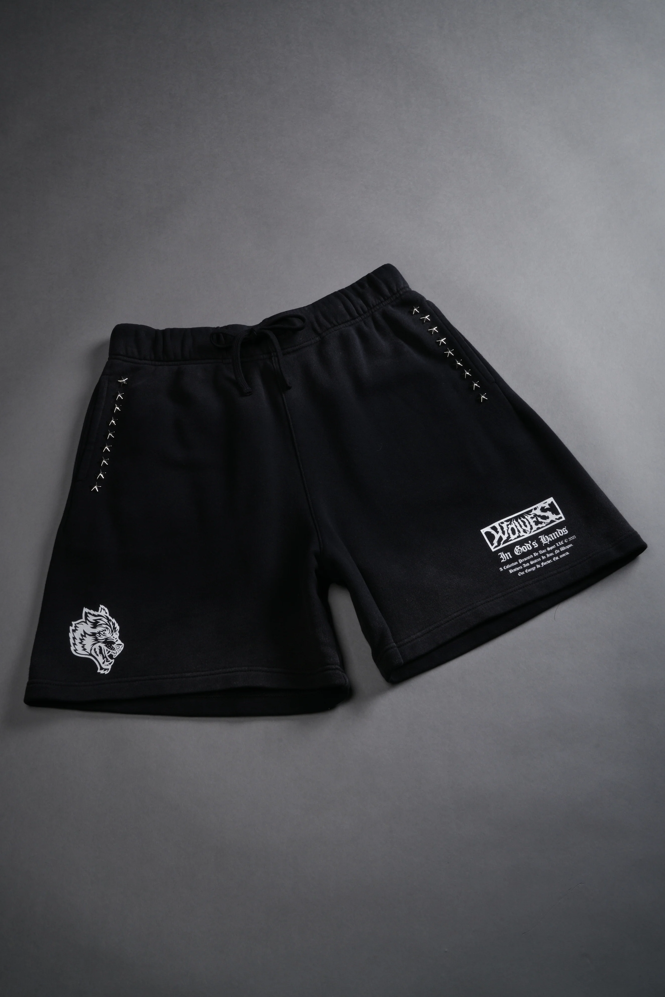 Studded Midnight Wolves Oversized Post Lounge Sweat Shorts in Black Drift Wash - Image 6