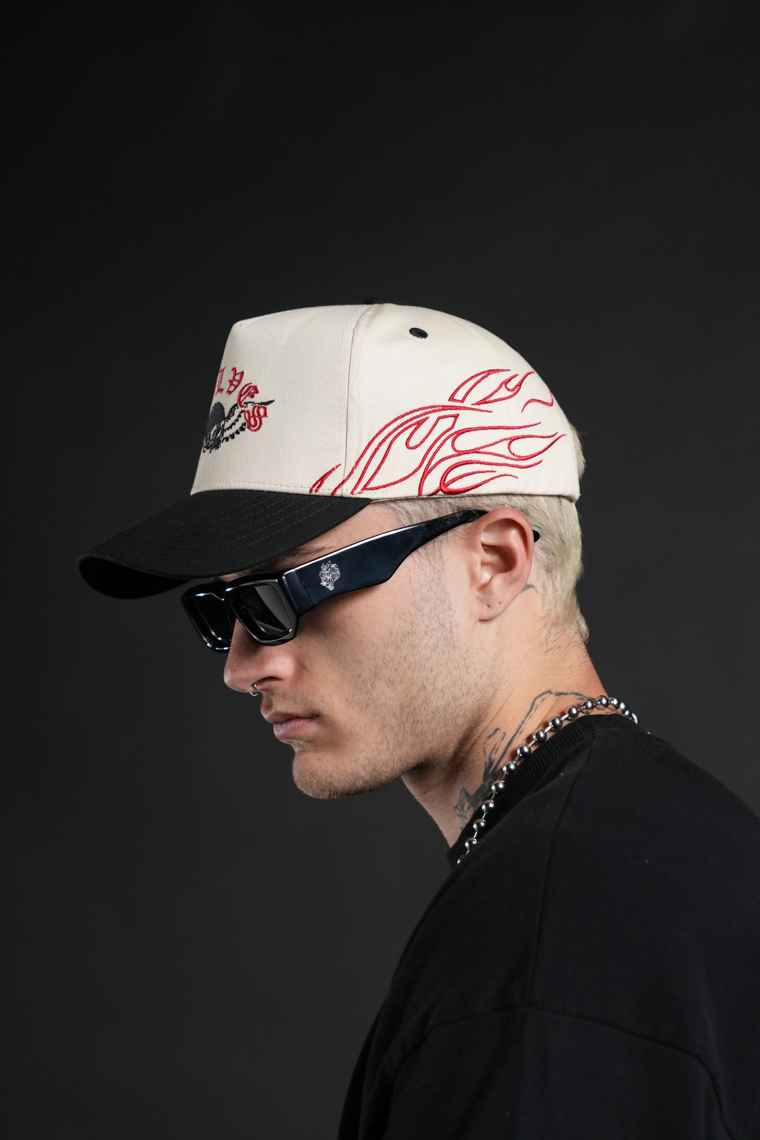 Twin Flame 5 Panel Hat in Cream/Black - Image 4