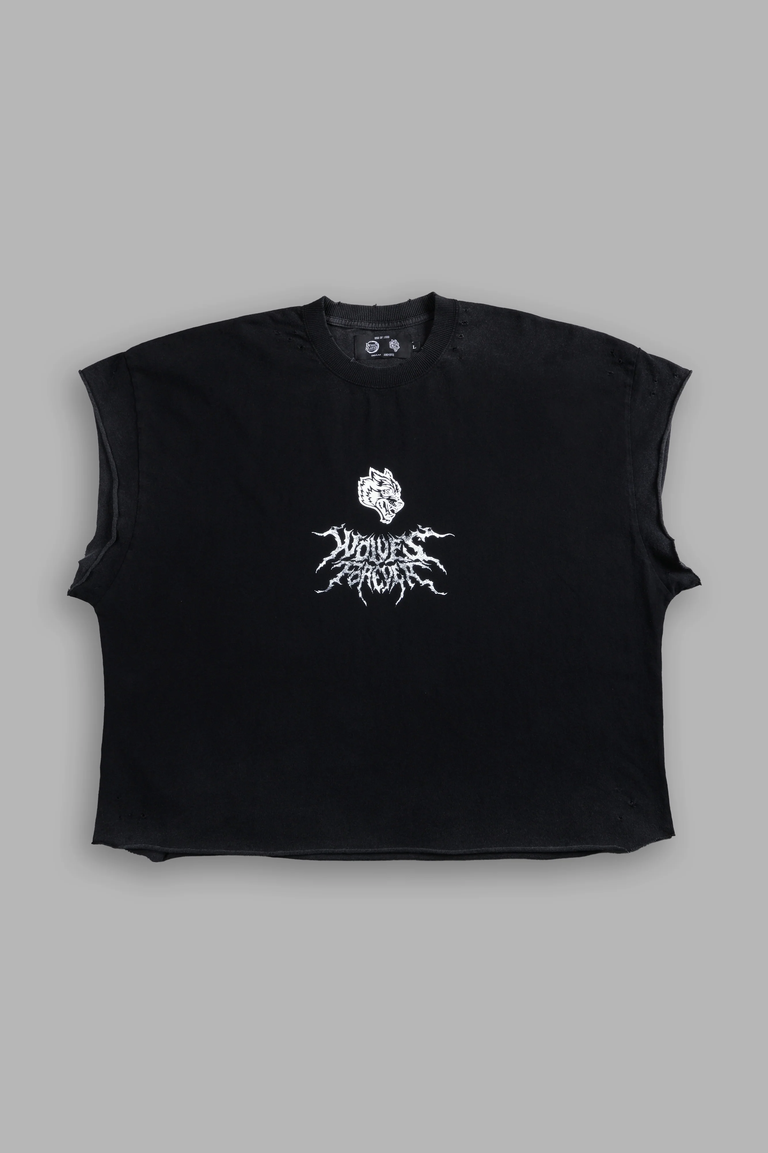 Upper Moon 1 Distressed Grunge Cut-Off Mid-Length Raw Hem Tee in Black - Image 2