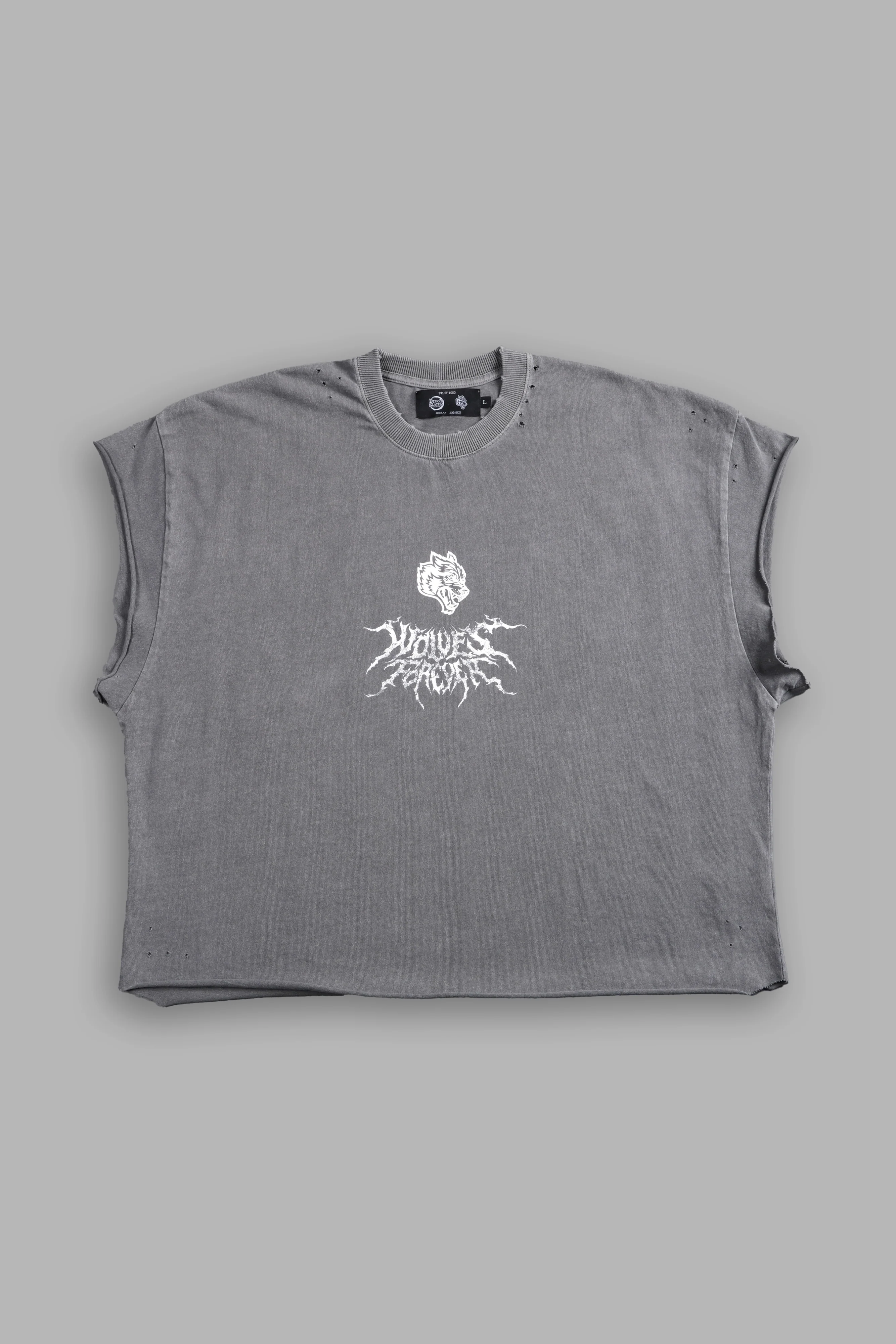 Upper Moon 1 Distressed Grunge Cut-Off Mid-Length Raw Hem Tee in Dove Gray - Image 2