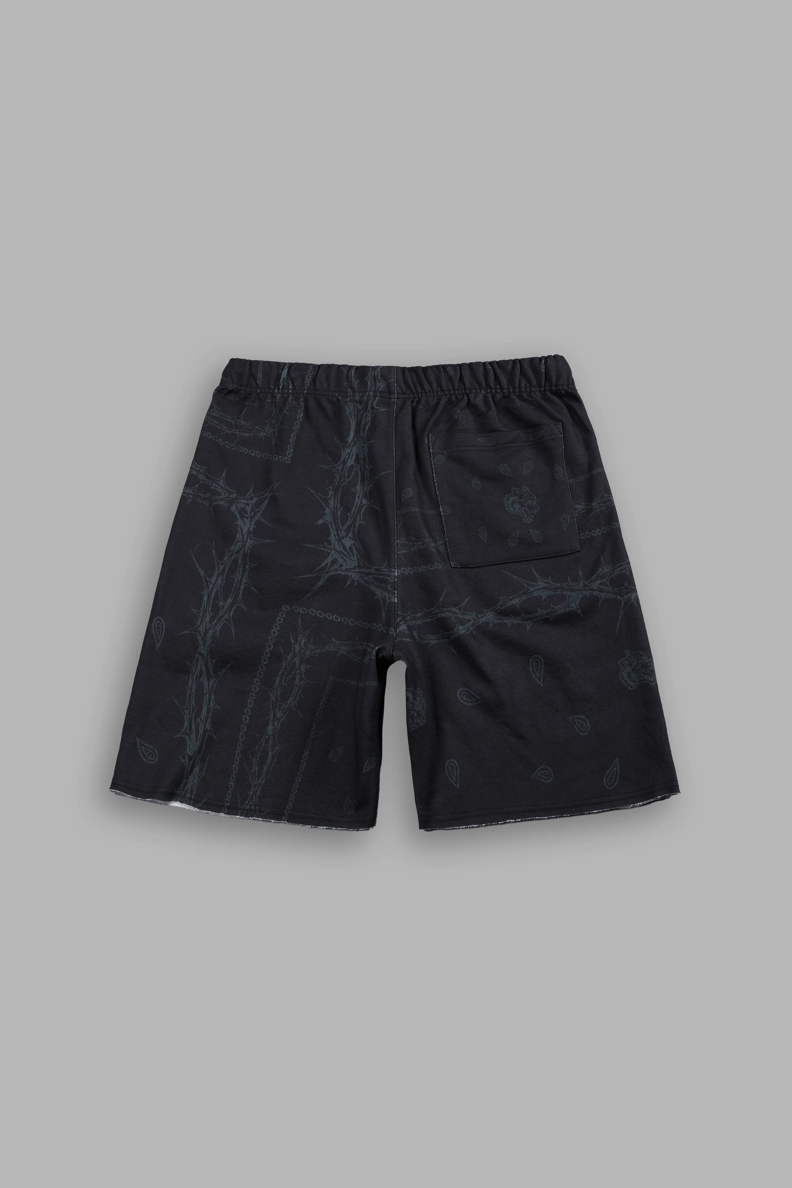 Wolves Pyramid Grunge Oversized Raw Hem Post Lounge Sweat Shorts in Black Thorn Paisley - Image 3