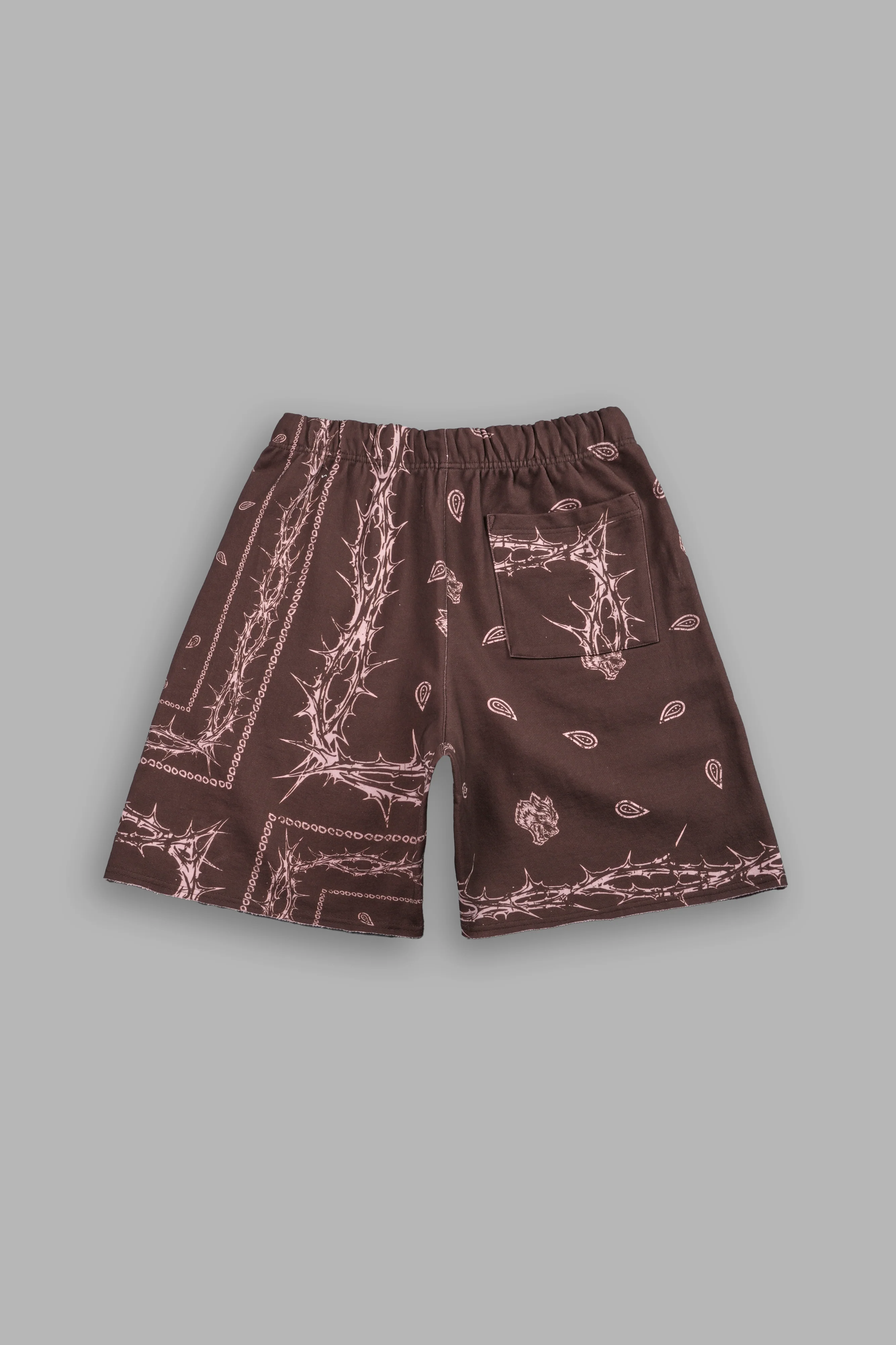 Wolves Pyramid Grunge Oversized Raw Hem Post Lounge Sweat Shorts in Desert Dust Thorn Paisley - Image 3